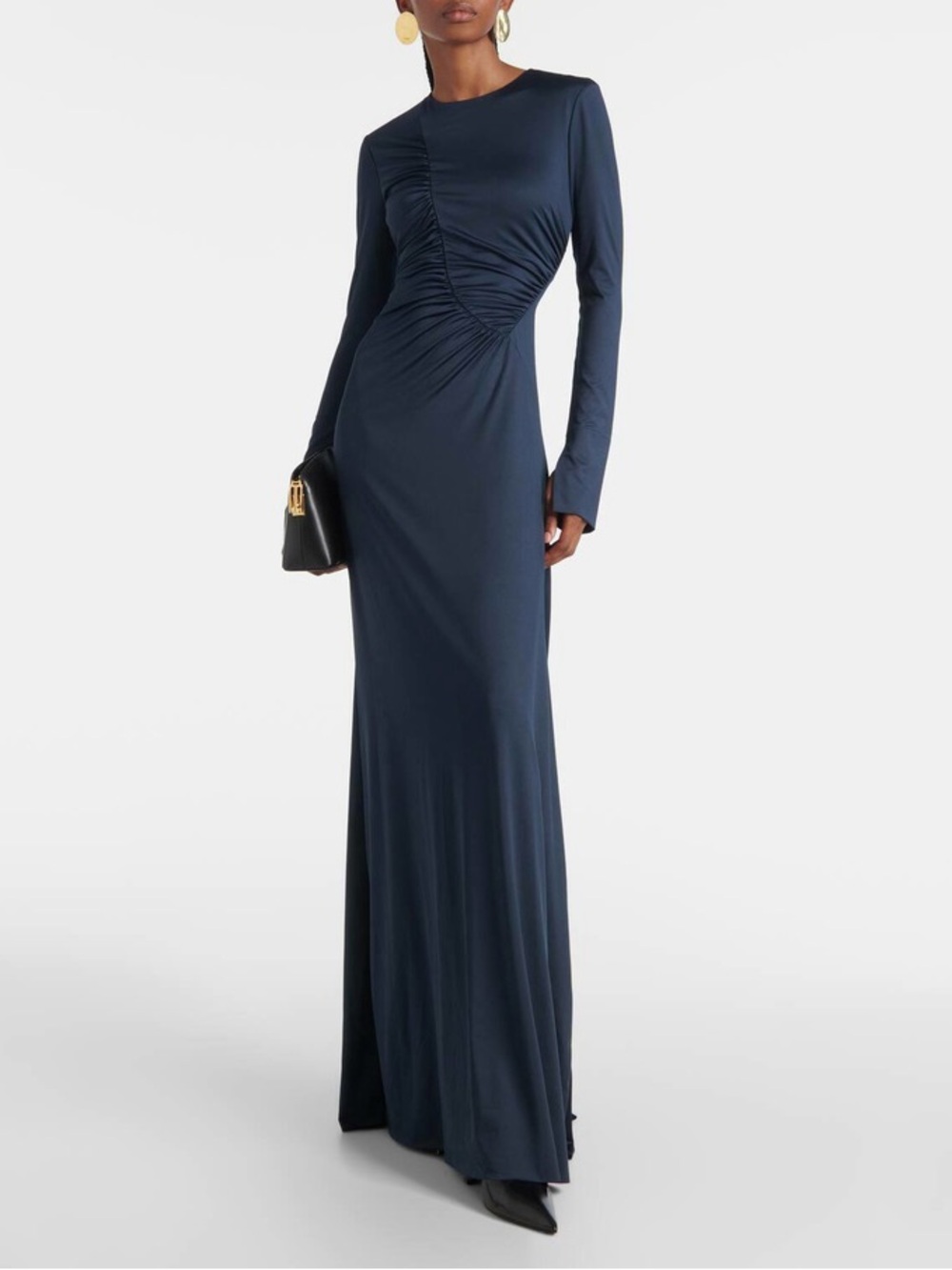 Victoria Beckham ruched jersey gown blue long sleeve dress